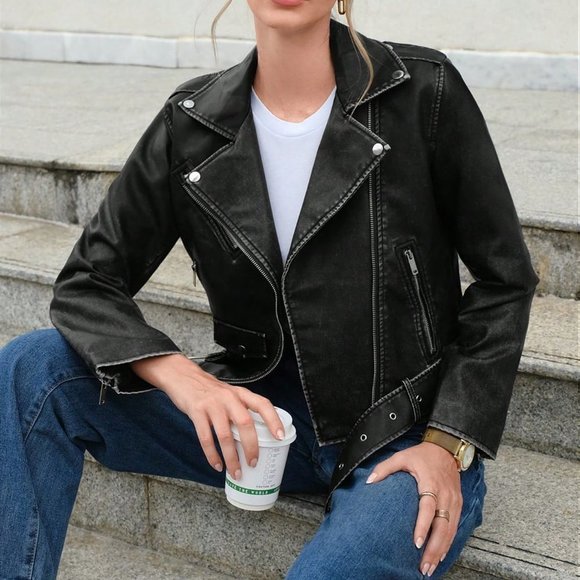. Jackets & Blazers - Black Casual Womens Zip Up Moto Jacket
